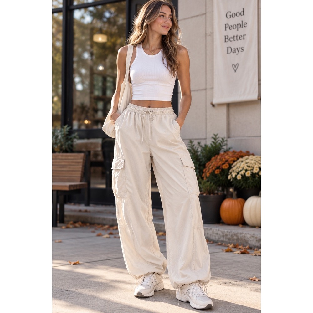 Lululemon Bone Tencel Cargo Pants Wide Leg Drawstring Hem XL